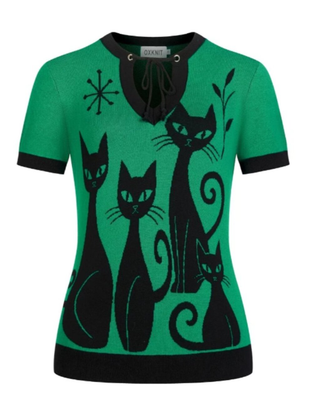 OXKNIT Women’s Green Atomic Cat Knit Top Retro Mid Century Size S NWT